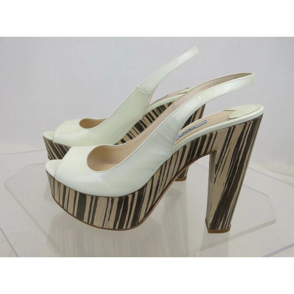 NIB PRADA 1Z647D WHITE PATENT LEATHER WOOD PLATFORM SANDALS PUMPS 40.5 ITALY - Picture 5 of 11